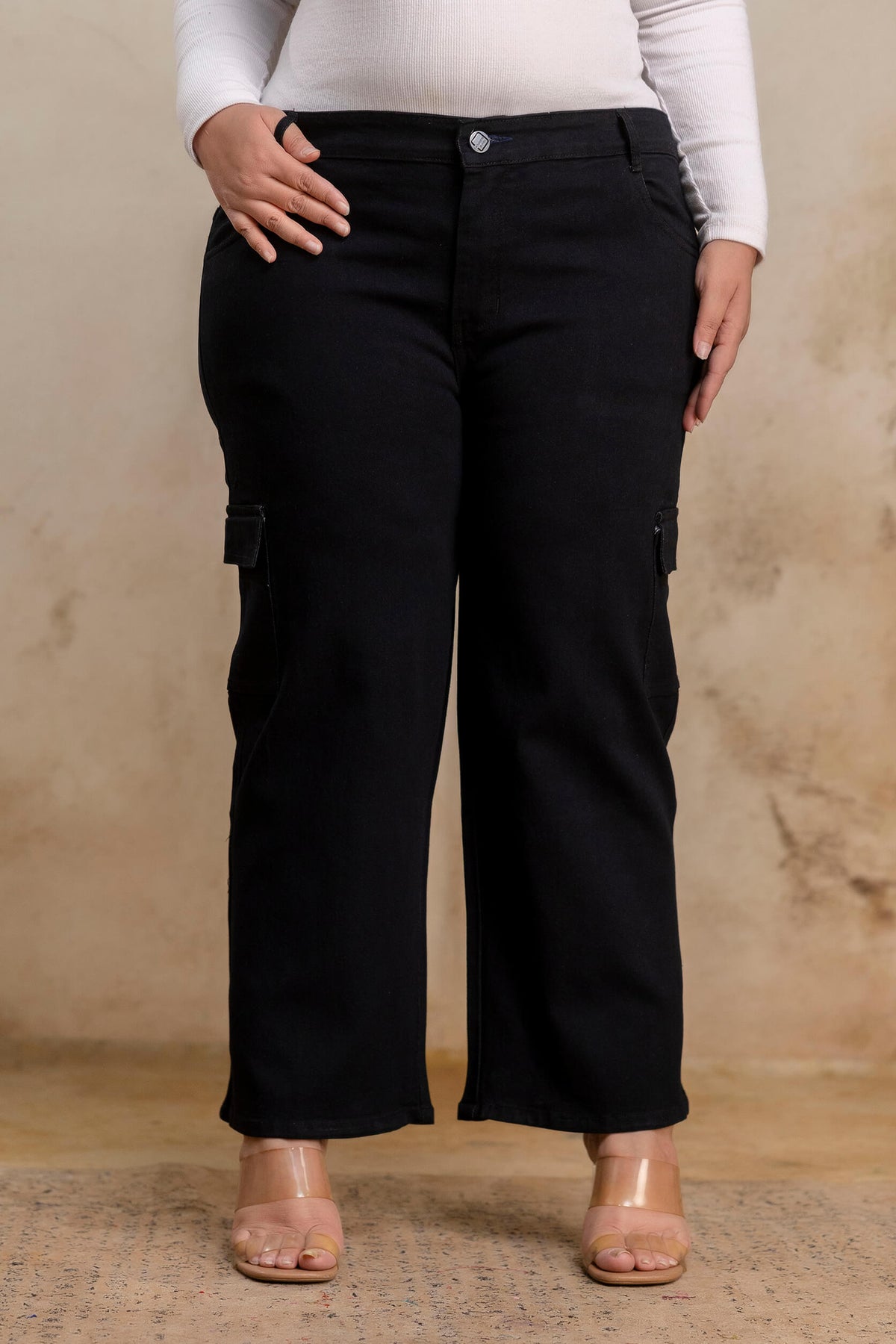 Plus size buttoned black denim pants for fat women, soft stretch big size clothing front view