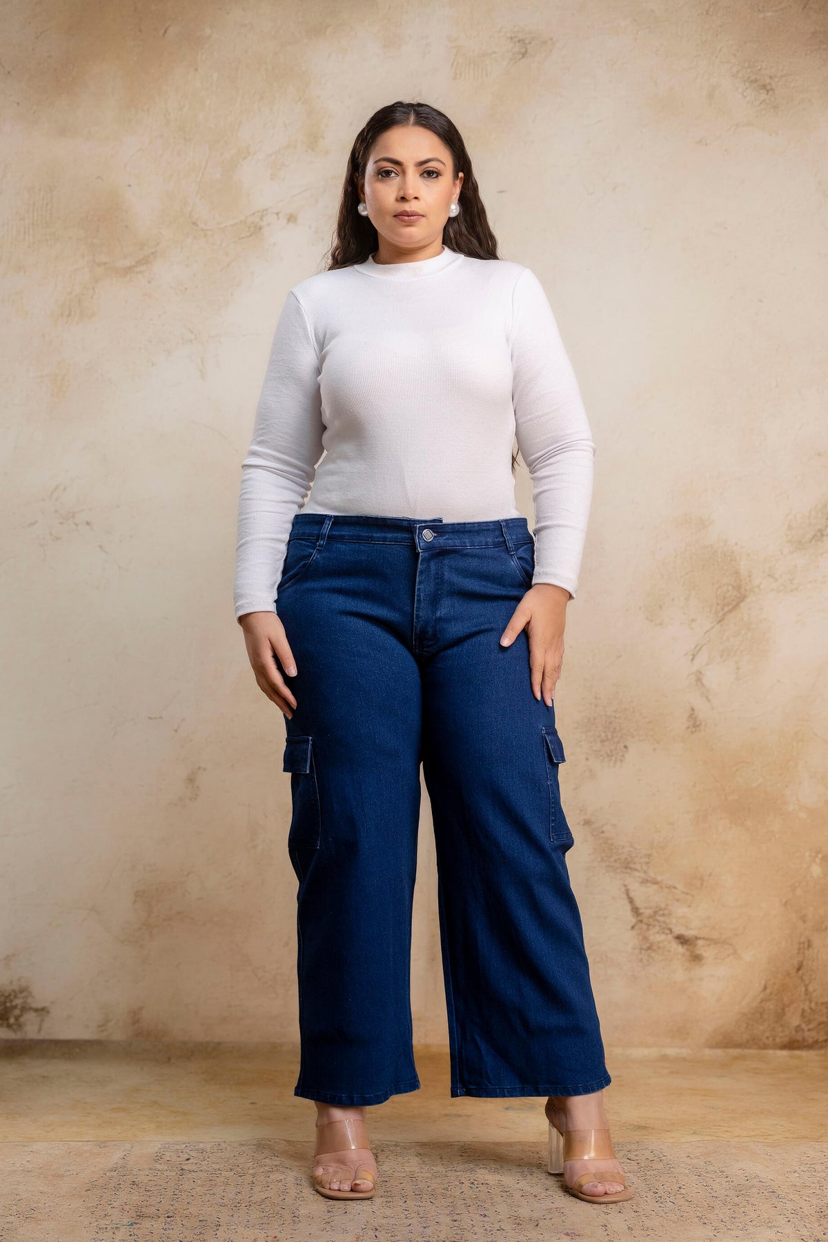 Plus size buttoned dark blue denim pants for fat women, soft stretch big size clothing front view