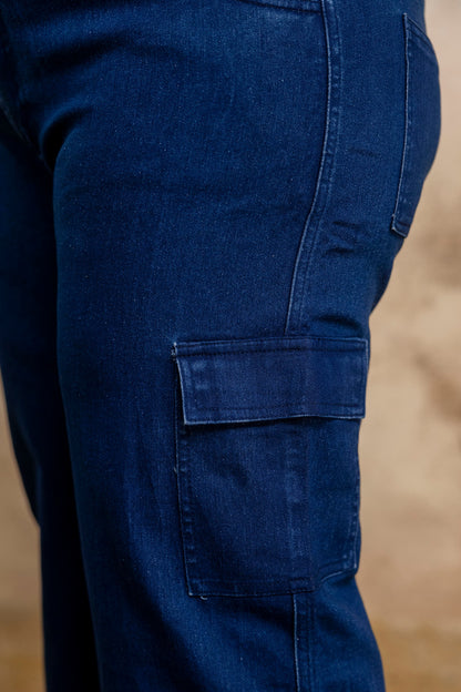 Plus size buttoned dark blue denim pants waist detail for fat women, big size clothing close up