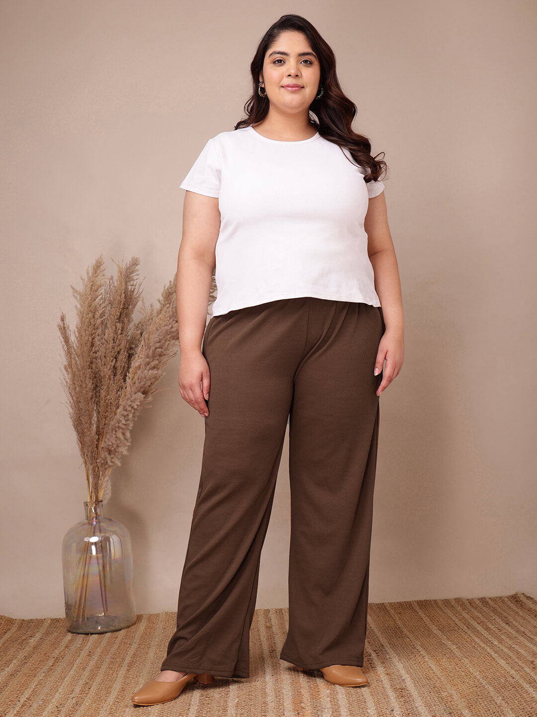 Front view of plus size coffee brown ribbed pants with drawstring waist and comfy fit – Curvisha big size