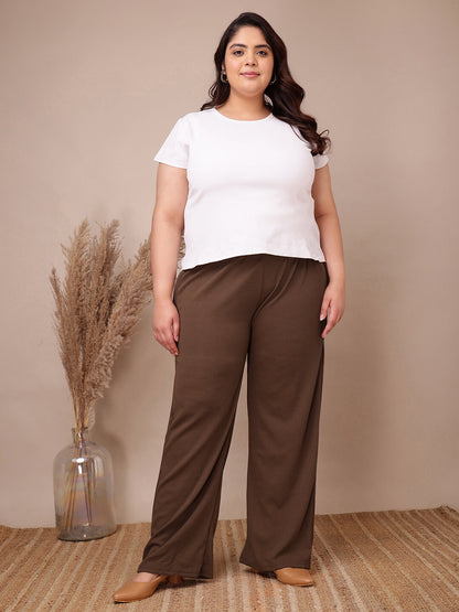 Front view of plus size coffee brown ribbed pants with drawstring waist and comfy fit – Curvisha big size