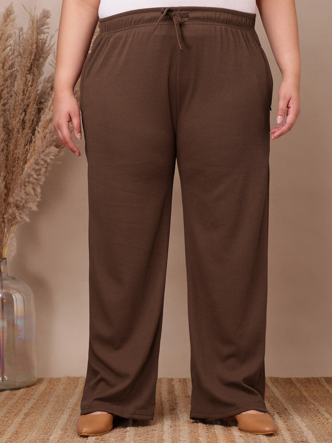 Plus size coffee brown ribbed wide-leg lounge pants for curvy women, soft elastic waist – Curvisha 3XL–8XL