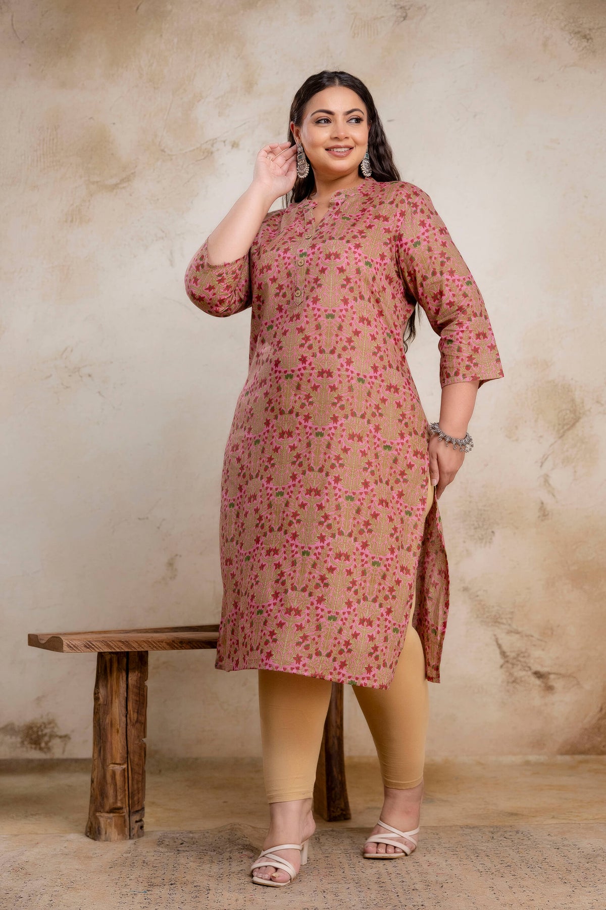 Plus size cotton kurti side view showing comfortable fit for full figure women