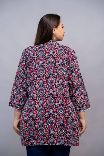 Back View of Dark Blue and Red Rayon Paisley Short Kurti Tunic for Plus Size Curvy and Fat Women – Rear Detailing