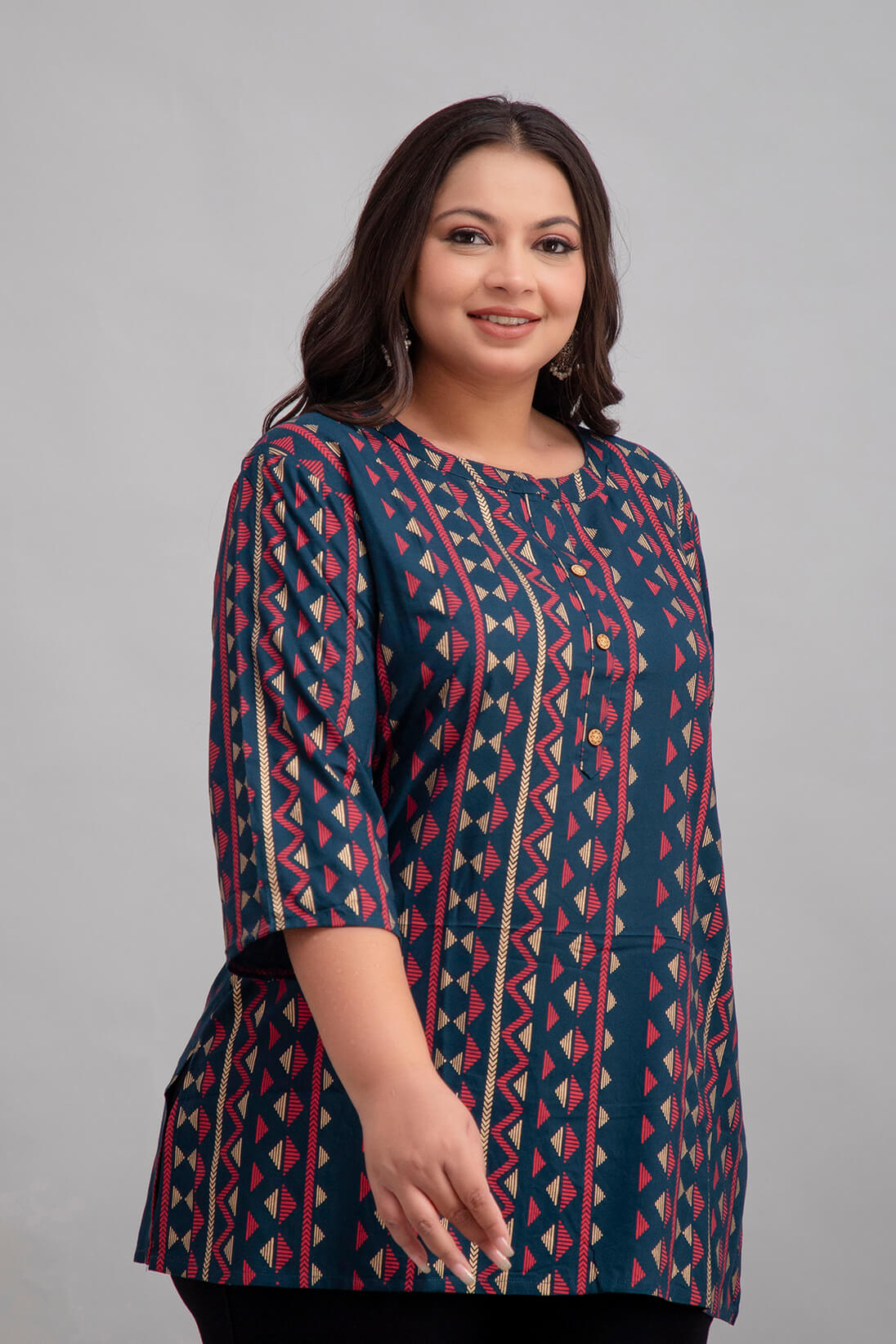 Plus Size Dark Green Rayon Printed Short Kurti Tunic – Side Angle View