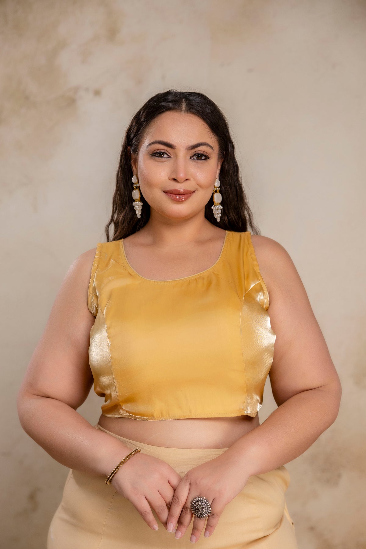 Plus size Jimmy Choo blouse for fat women, front view blouse with sleeve fabric provided for curvy women