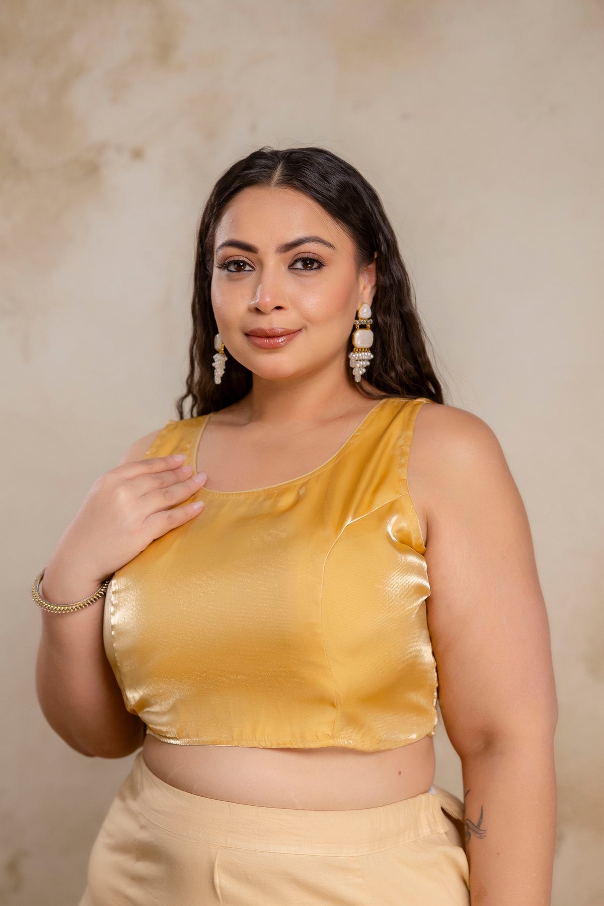 Plus size golden Jimmy Choo blouse worn by fat model, party wear blouse for curvy women