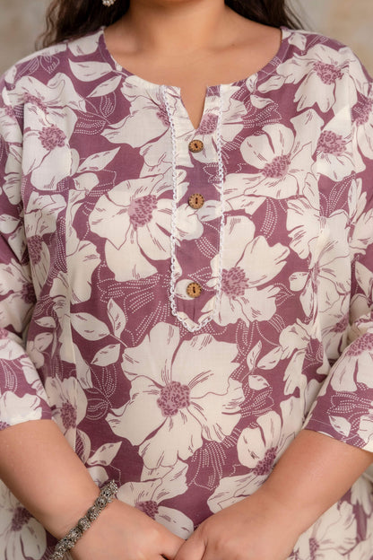 Plus size cotton kurti neckline detail, floral print big size kurti
