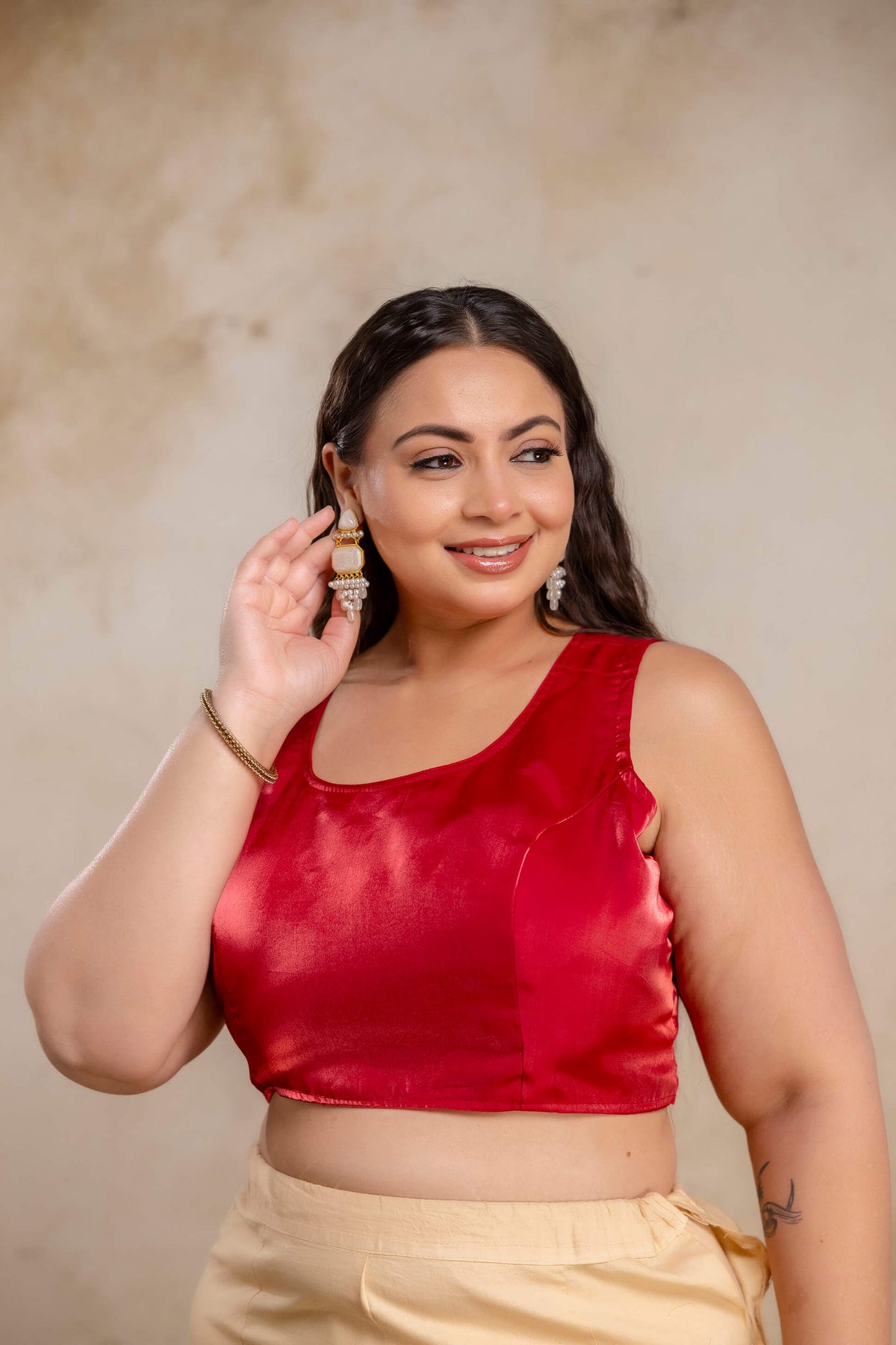 Plus size maroon Jimmy Choo blouse worn by fat model, party wear blouse for curvy women