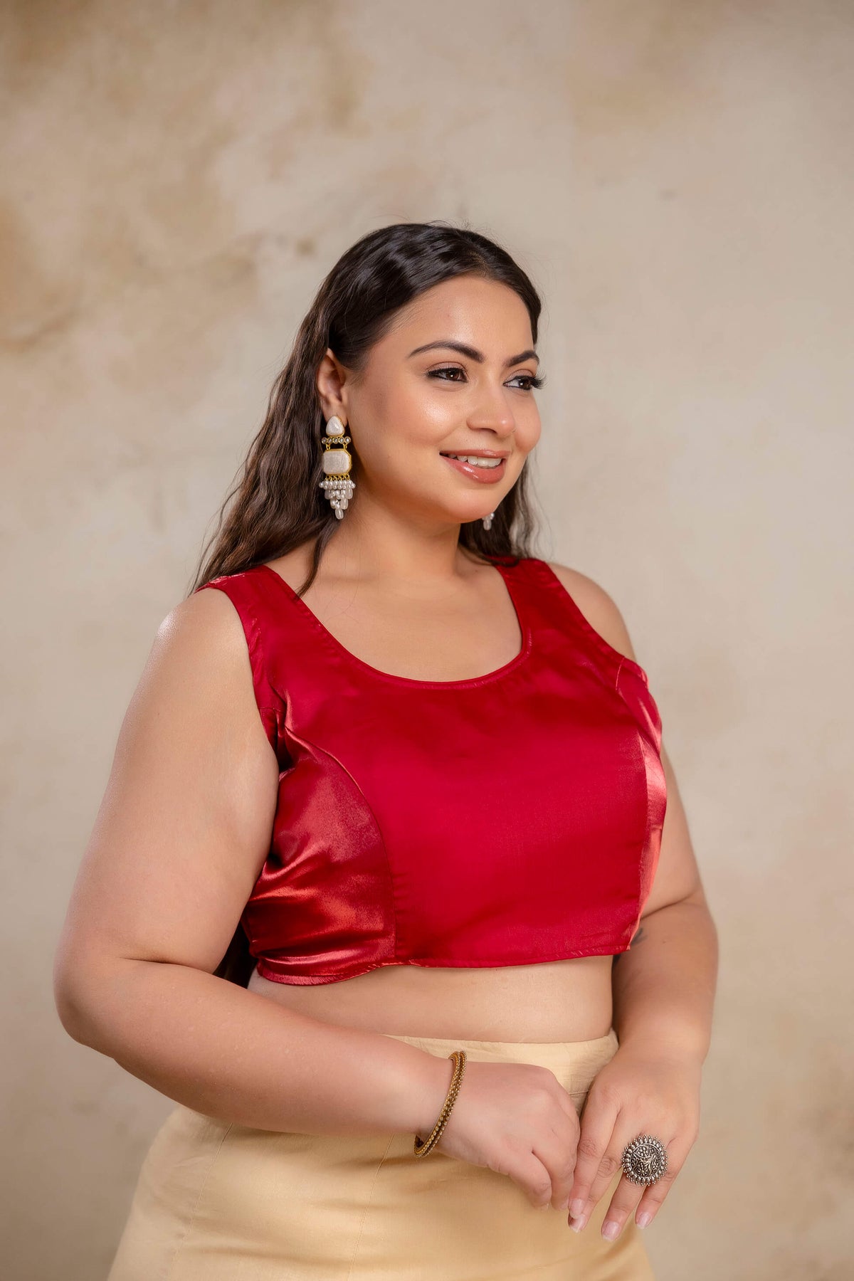 Plus size maroon Jimmy Choo blouse side view on fat women, flattering fit blouse for curvy full figure