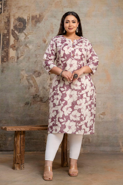 Plus size floral printed cotton kurti full length view for fat women clothing