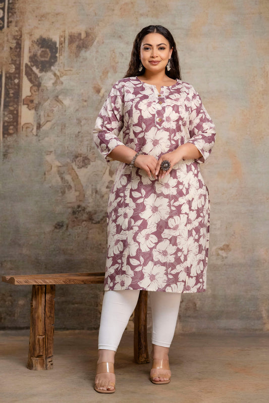 Plus size floral printed cotton kurti full length view for fat women clothing