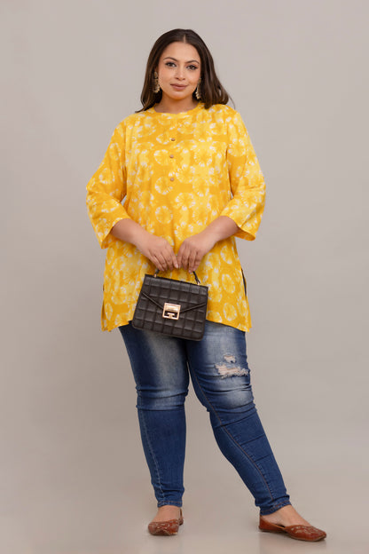 Plus Size Mustard Yellow Rayon Short Kurti Tunic – Full Front View with Handbag