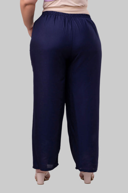Back view of plus size navy blue rayon palazzo pants for curvy women, elegant wide-leg – Curvisha