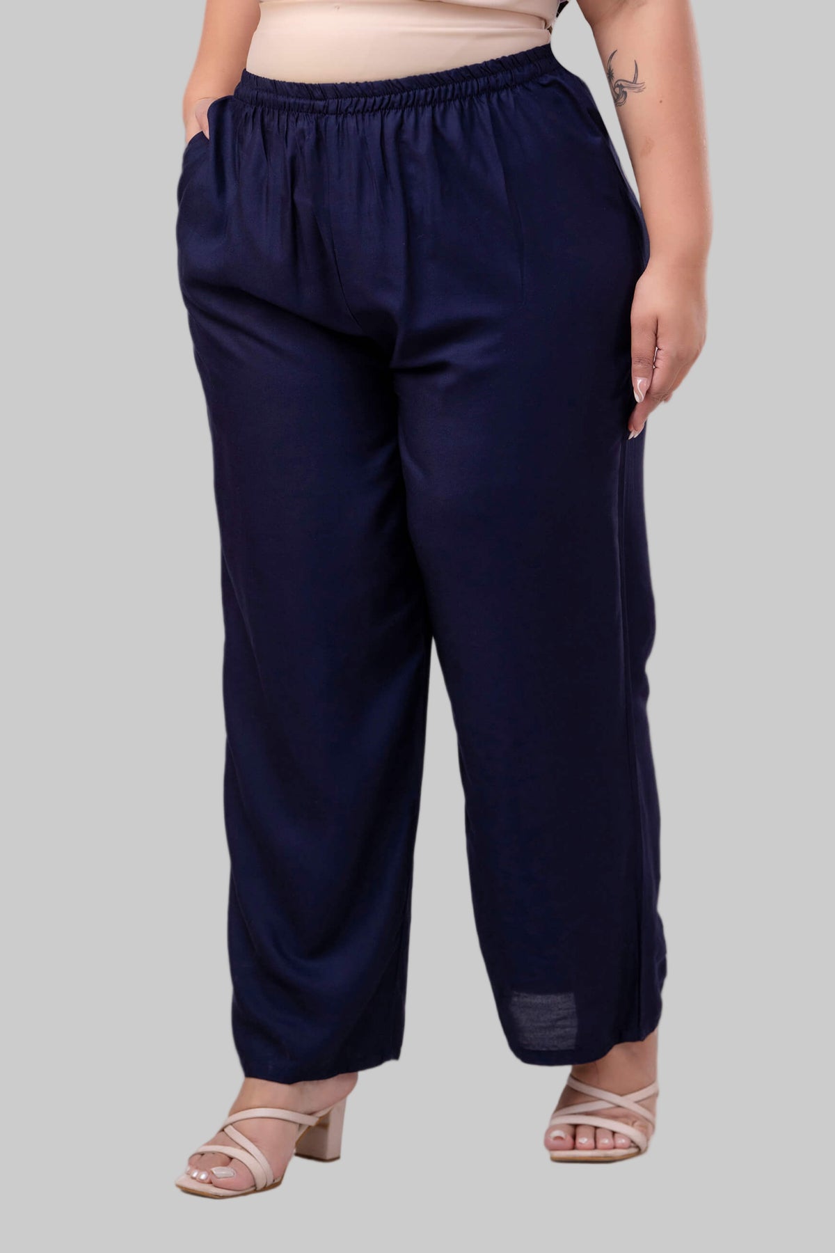 Front view of navy blue rayon palazzo pants for big size women, soft rayon fall and elastic waist – Curvisha