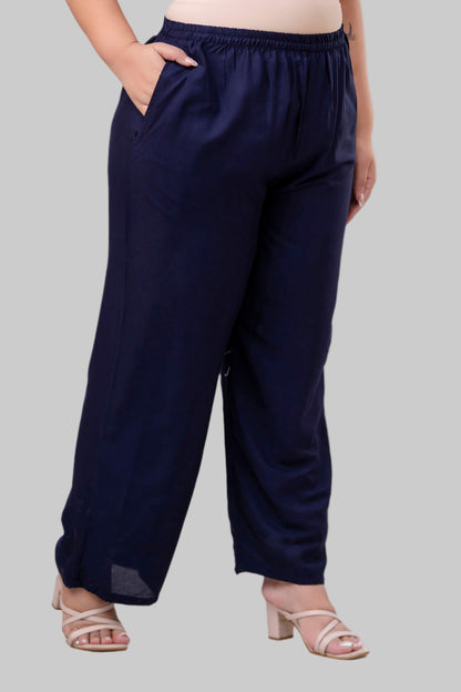 Side view of navy blue rayon palazzo for fat women clothing, comfy relaxed fit and side pockets – Curvisha