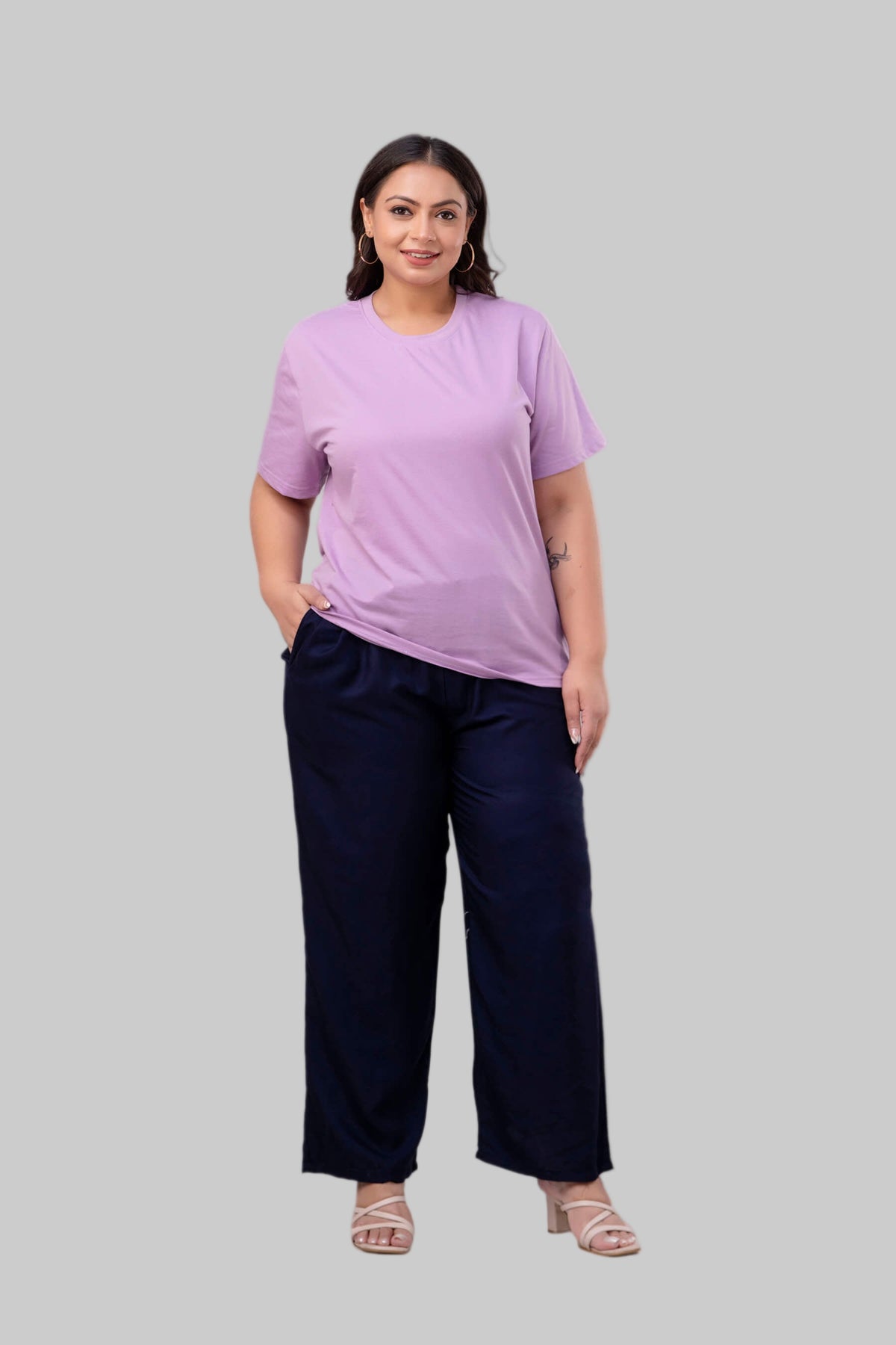 Navy blue rayon palazzo styled with lavender top for curvy women, chic everyday look – Curvisha