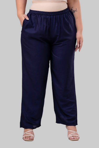 Plus size navy blue rayon palazzo pants for curvy women, wide-leg comfort and breathable fit – Curvisha