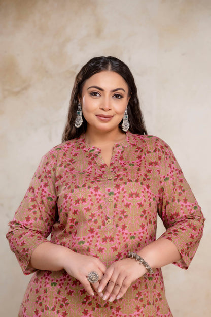 Plus size pink cotton kurti for curvy women, breathable cotton everyday big size clothing