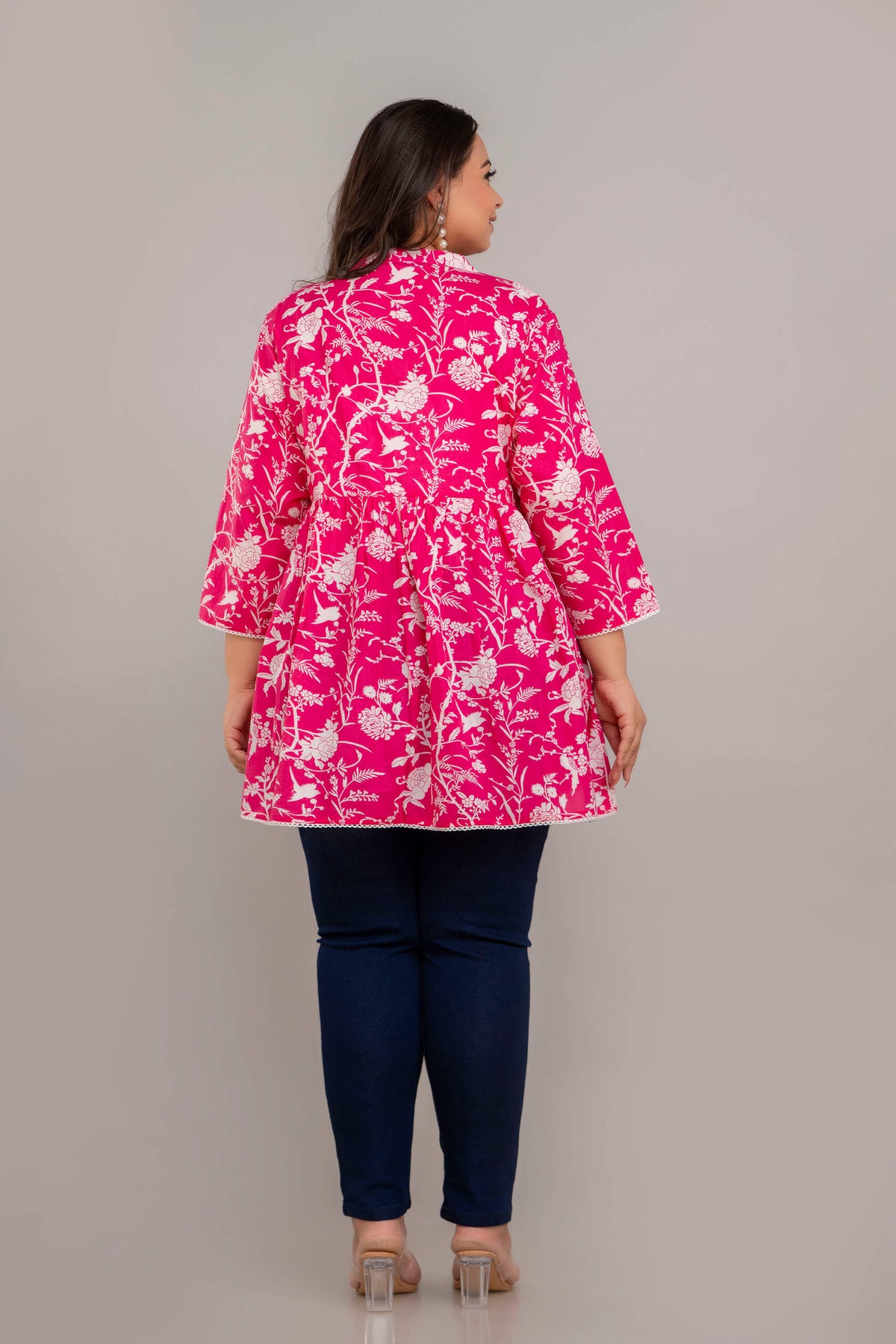 Back View of Pink and White Rayon Short Kurti Tunic for Plus Size Curvy and Fat Women – Rear Detailing