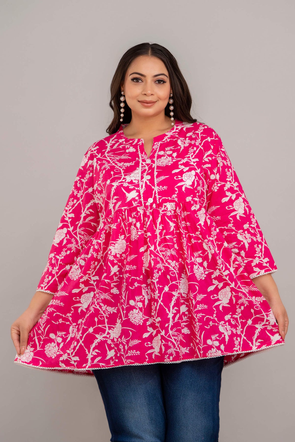 Plus Size Pink and White Rayon Floral Short Kurti Tunic for Curvy and Fat Women – Front View