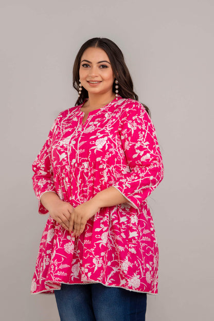 Side View of Pink and White Rayon Floral Short Kurti Tunic – Fat-Friendly Fashion for Women