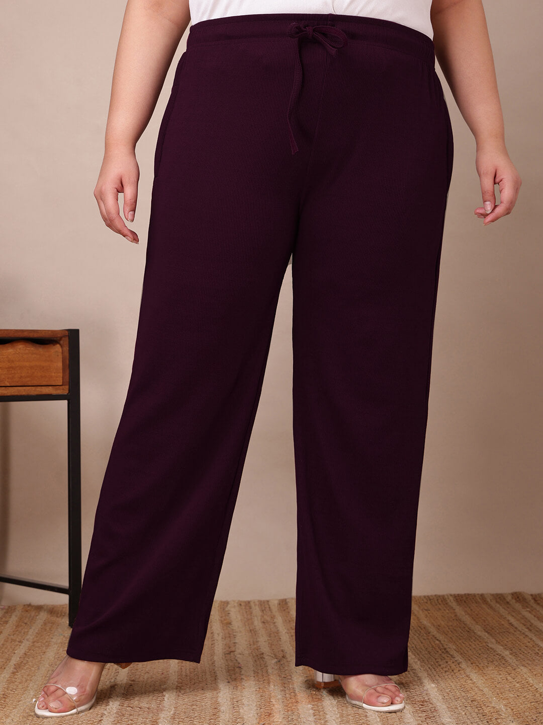 Front view of plus size plum ribbed lounge pants with drawstring waist and comfy fit – Curvisha big size