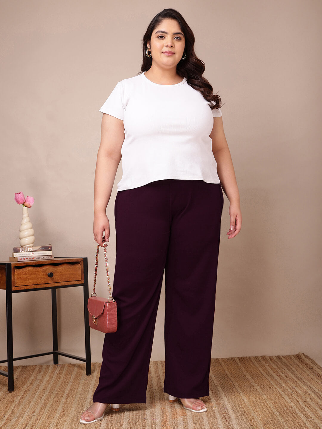 Plum ribbed wide-leg trousers for curvy full-figure women, relaxed drape and stretch fit – Curvisha