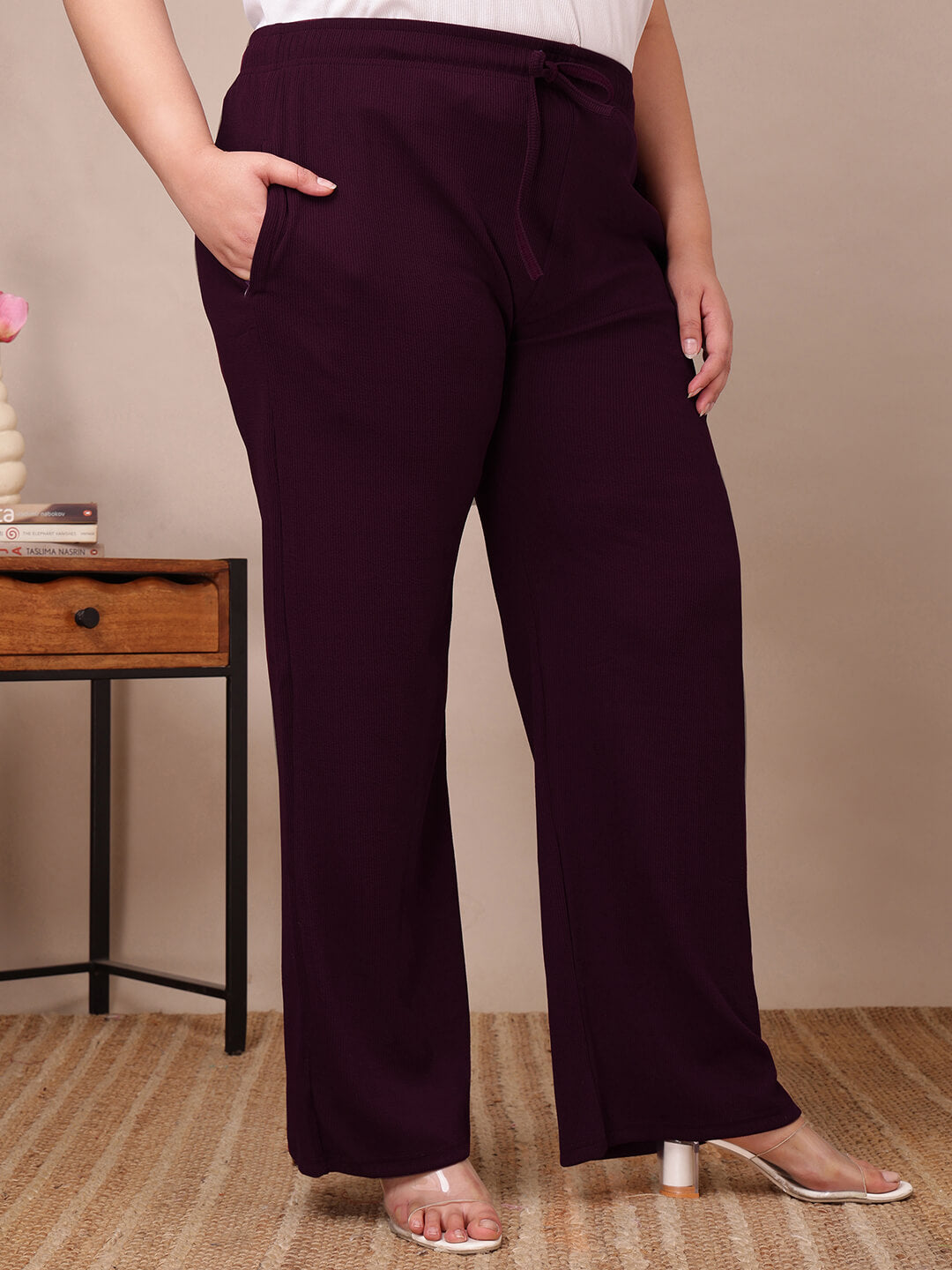 Side angle of plum ribbed wide-leg pants for fat women clothing, breathable knit fabric – Curvisha