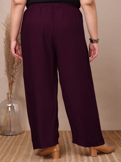 Back view of purple rayon palazzo pants for curvy women, relaxed wide-leg silhouette – Curvisha