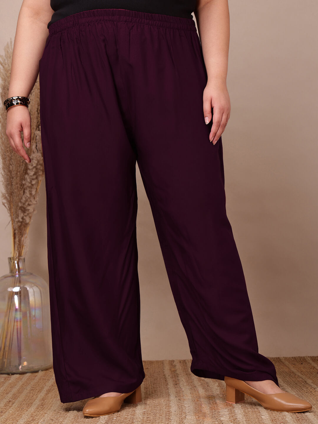 Plus size purple rayon palazzo pants for curvy women, flowy and comfortable wide-leg fit – Curvisha