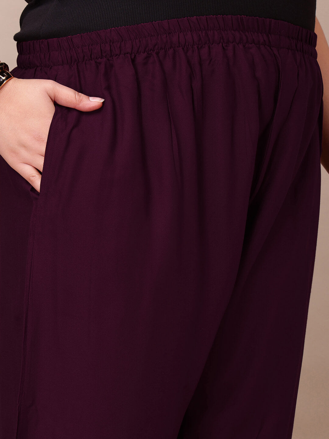 Side pocket detail of purple rayon palazzo pants for plus size women, soft drape rayon fabric – Curvisha