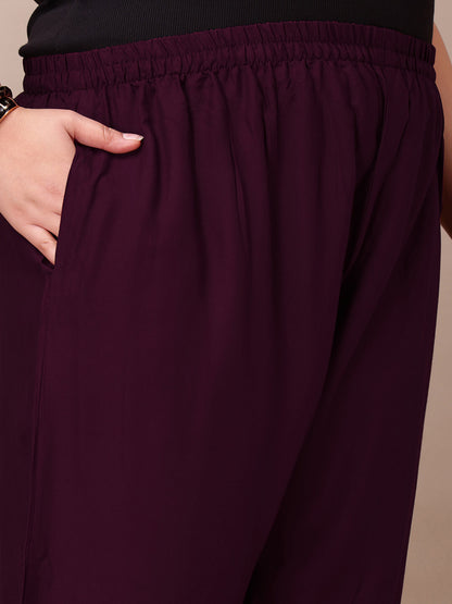 Side pocket detail of purple rayon palazzo pants for plus size women, soft drape rayon fabric – Curvisha