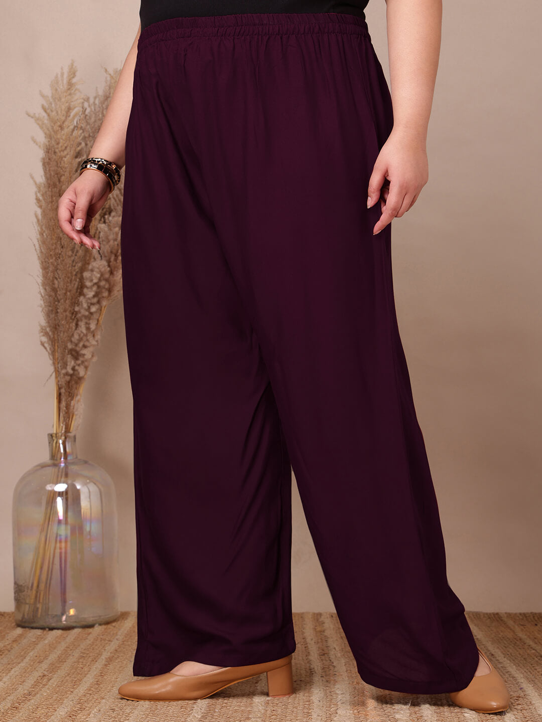 Side view of purple rayon palazzo pants for fat women clothing, breathable soft rayon fabric – Curvisha