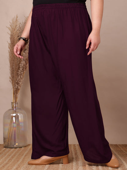 Side view of purple rayon palazzo pants for fat women clothing, breathable soft rayon fabric – Curvisha
