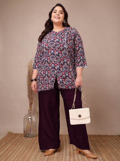 Purple rayon palazzo styled with printed kurti for curvy women, elegant and comfy outfit – Curvisha