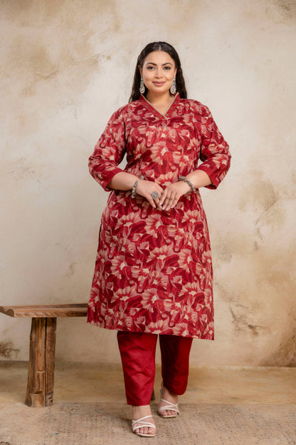 Plus size red floral kurti pant dupatta set for curvy women, big size ethnic clothing front view