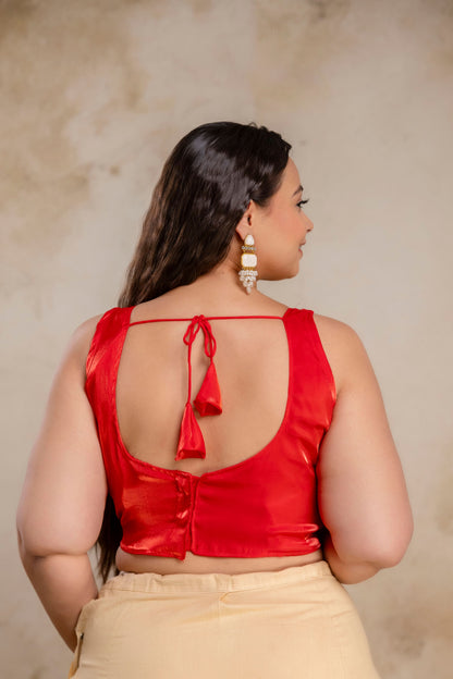 Plus size red Jimmy Choo blouse back hook design for women, big size blouse with sleeve fabric included