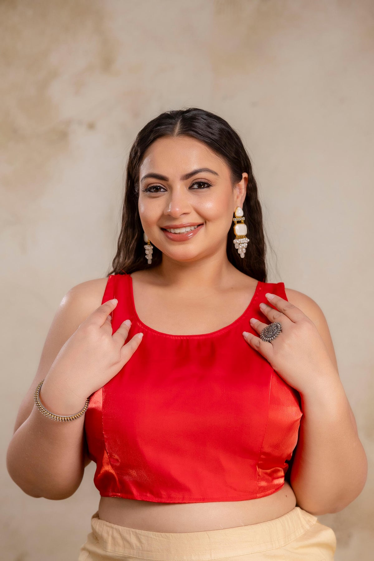 Plus size red Jimmy Choo blouse fabric close up for women, premium blouse fabric for curvy women