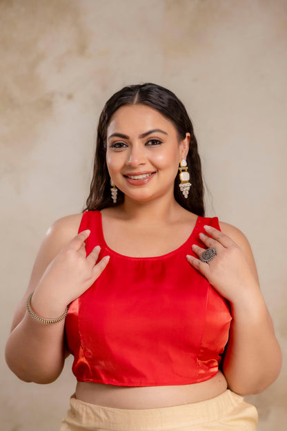 Plus size red Jimmy Choo blouse fabric close up for women, premium blouse fabric for curvy women