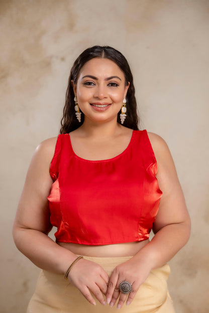 Plus size red Jimmy Choo blouse for fat women, front view blouse with sleeve fabric provided for curvy women