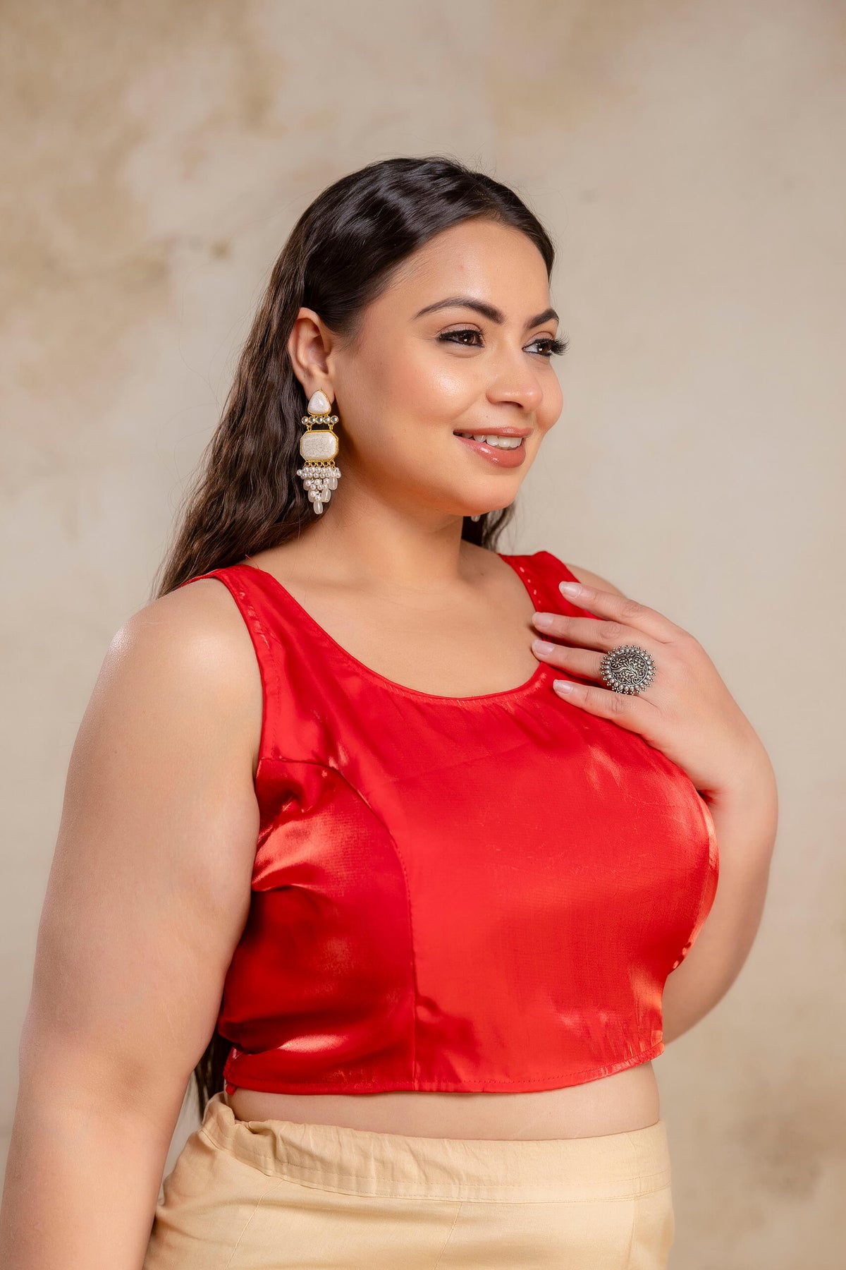 Plus size red Jimmy Choo blouse side view on fat women, flattering fit blouse for curvy full figure