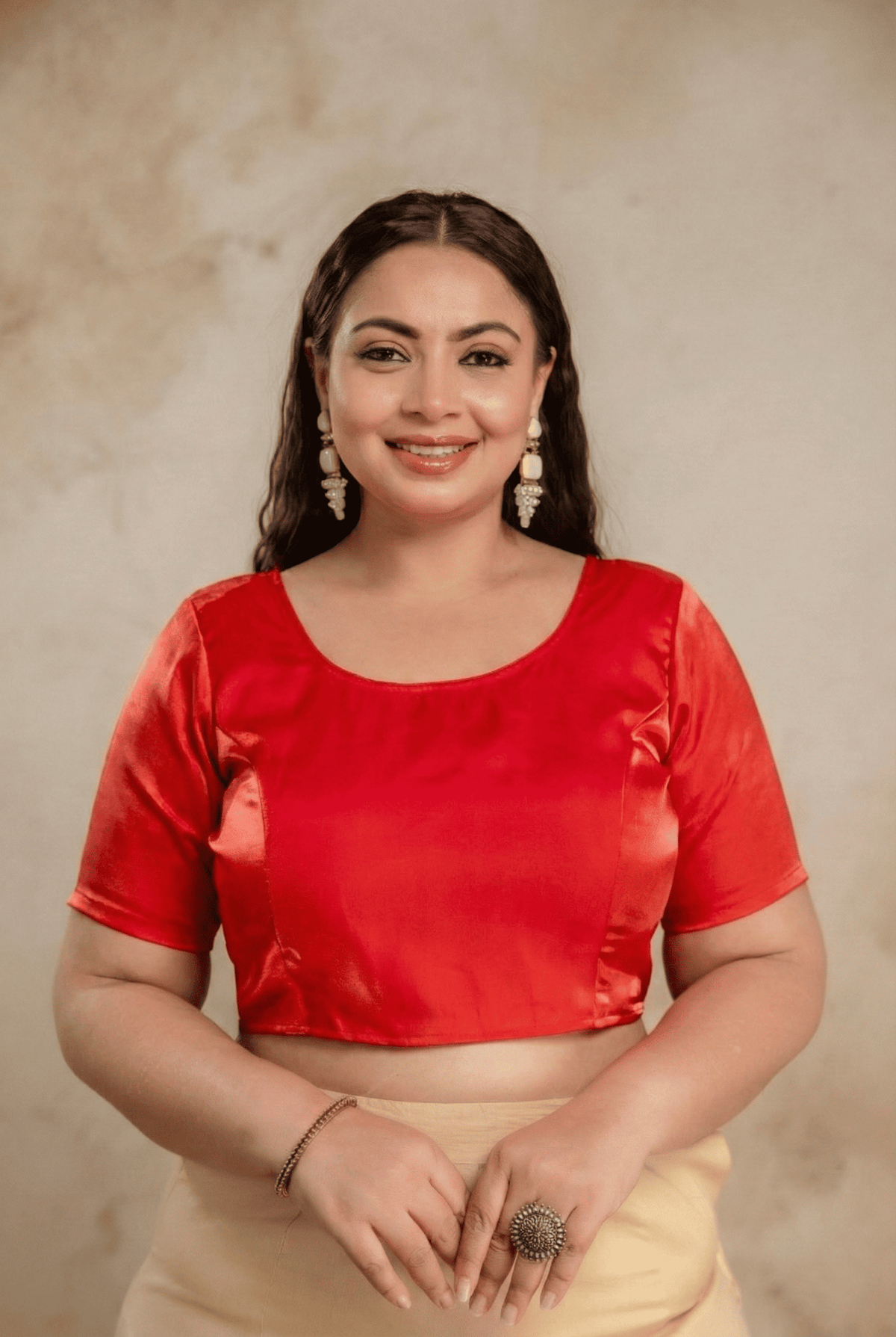Plus size red Jimmy Choo blouse with sleeves shown for reference only, fat women blouse sleeve length depends on stitching1