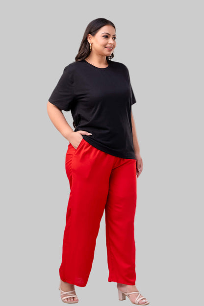 Elastic waistband close-up of red rayon palazzo pants for big size comfort and flexibility – Curvisha
