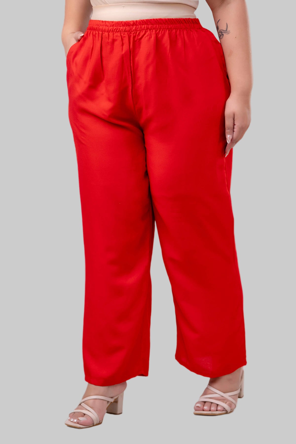 Front view of red rayon palazzo pants for big size women, soft rayon drape with elastic waist – Curvisha