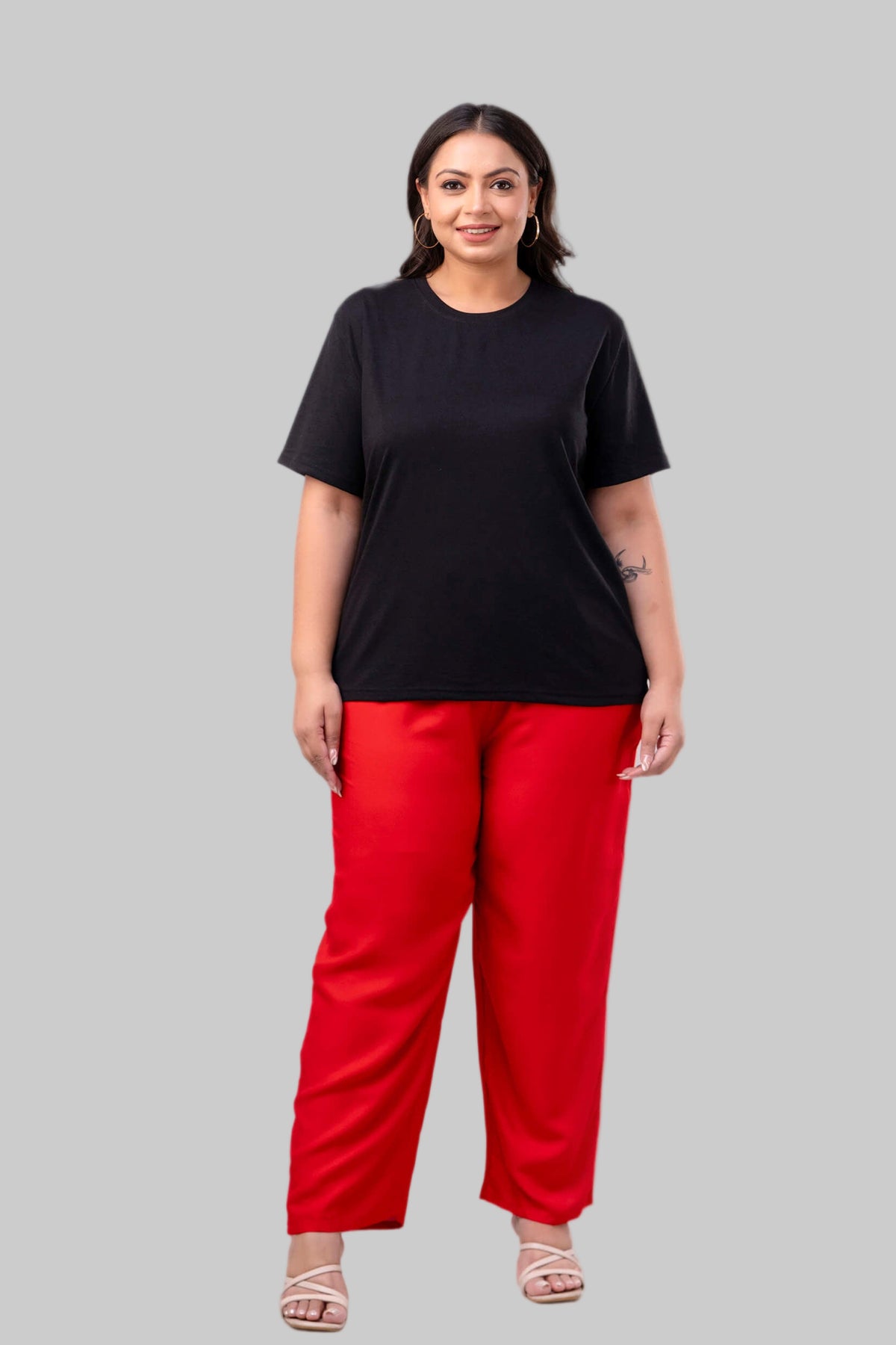 Red rayon palazzo styled with black top for curvy women, bold and elegant plus size outfit – Curvisha