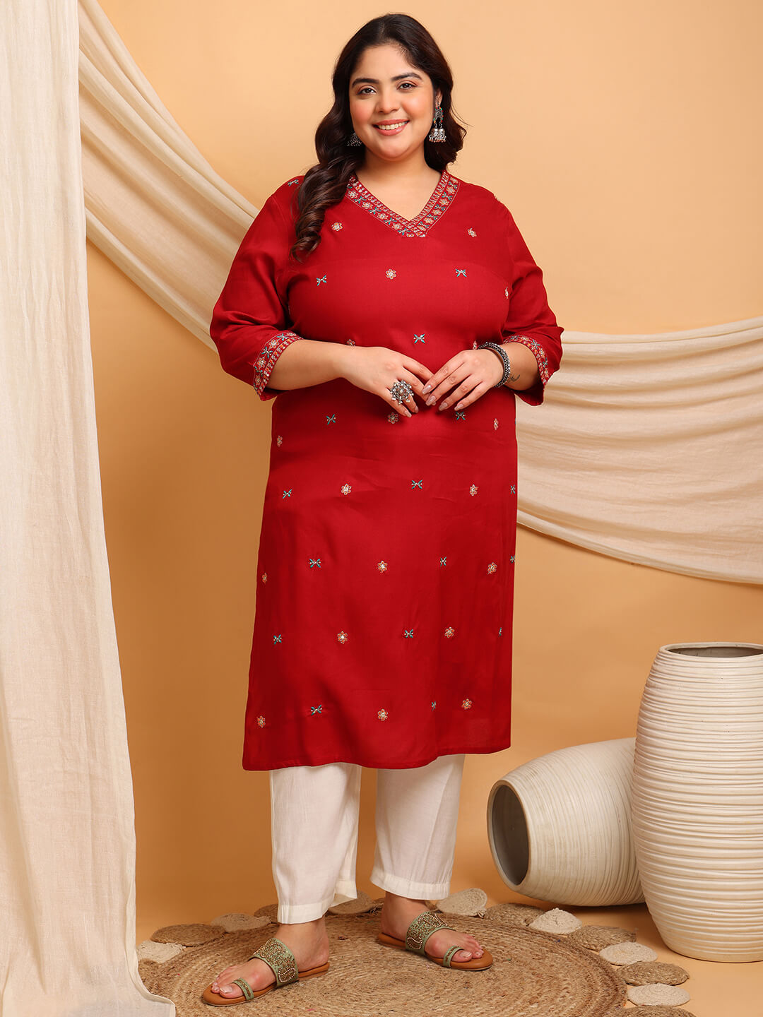 Plus size red rayon kurti for fat women clothing with embroidered buti design, big size kurti for curvy fat women