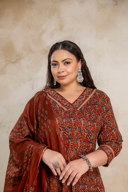 Styled plus size rust cotton kurti pant dupatta set for fat women, festive ethnic clothing
