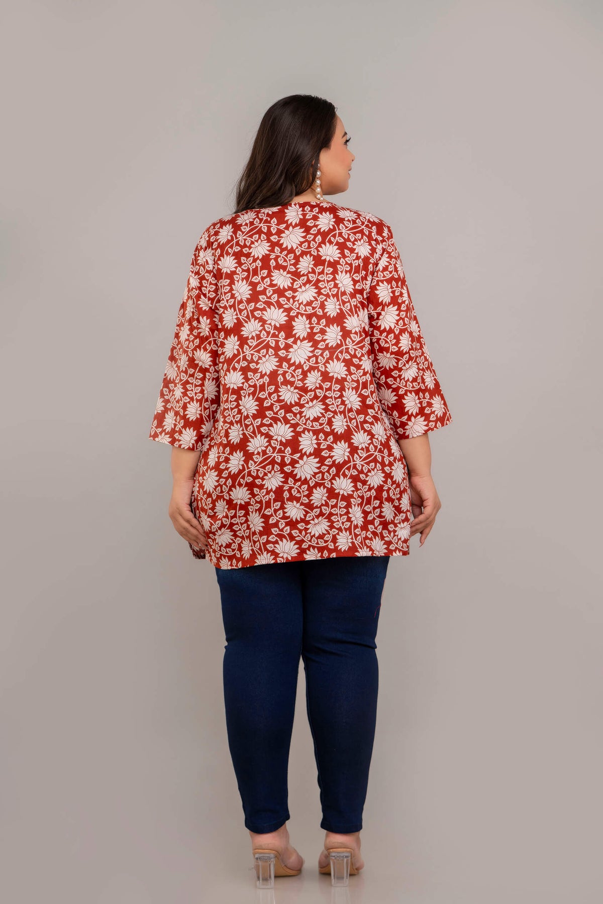 Back View of Rust White Floral Rayon Plus Size Kurti Tunic – Comfortable Big Size Clothing for Women