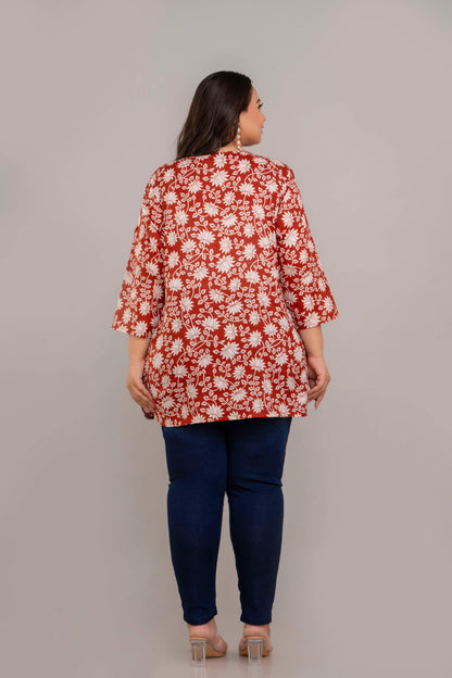 Back View of Rust White Floral Rayon Plus Size Kurti Tunic – Comfortable Big Size Clothing for Women